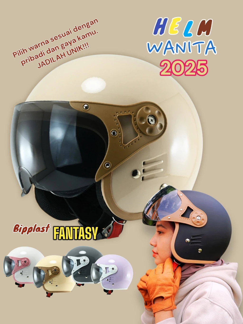Helm Cewek Bogo Bipplast Retro BRH 1 FANTASY Hijab Friendly Half Face Helem Wanita Cepol SNI